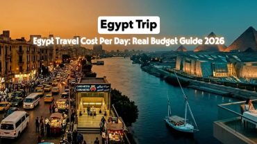 Egypt travel cost per day guide 2026 showing Cairo city traffic, Nile River, Grand Egyptian Museum and Giza pyramids at sunset